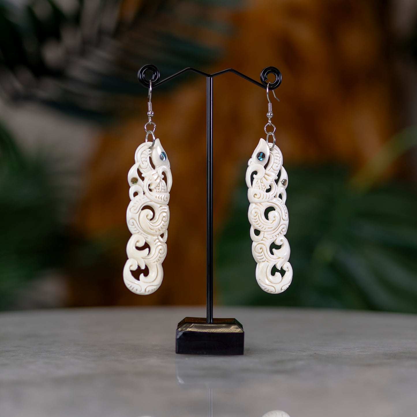 Double Manaia Bone Earrings with Koru