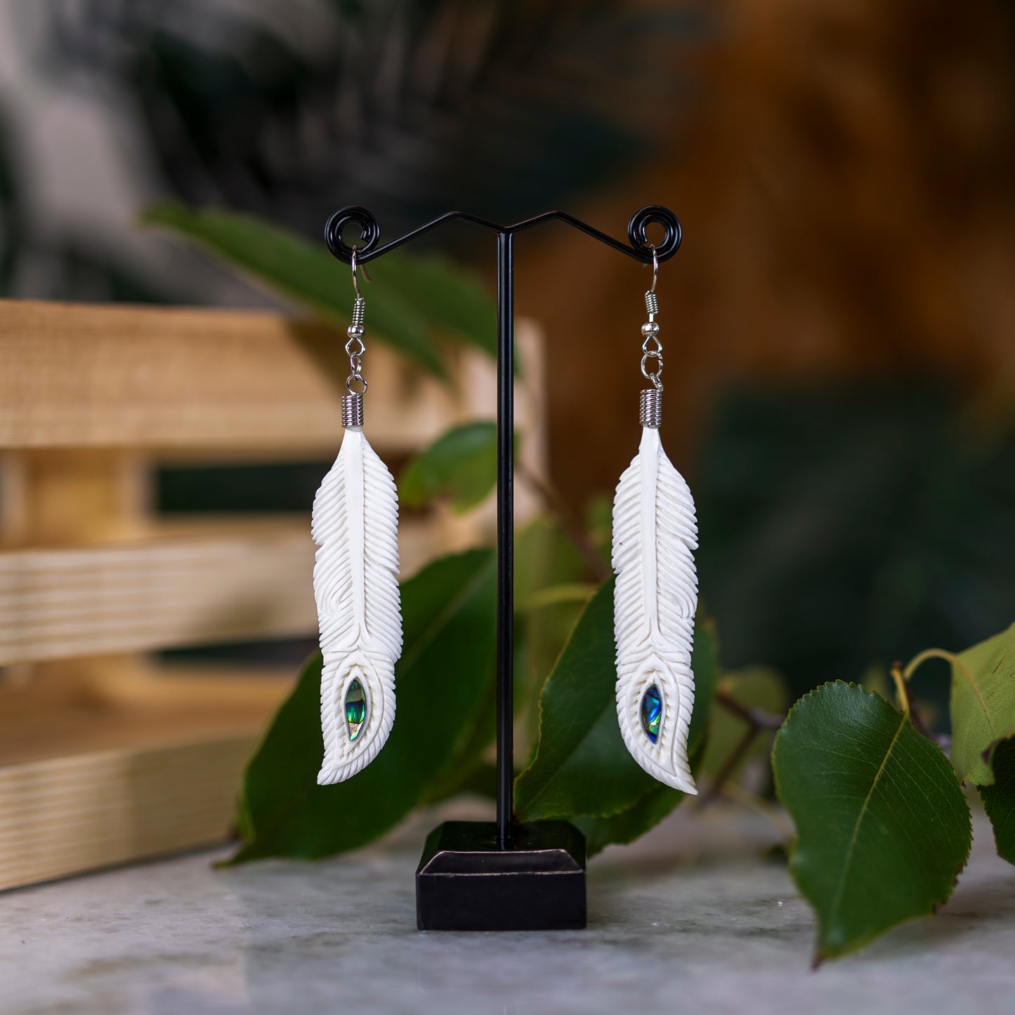 Bone Feather with Paua Earrings