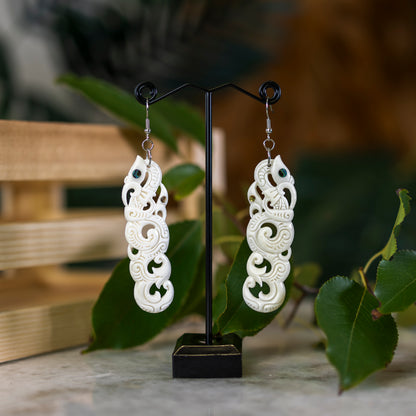 Double Manaia Bone Earrings with Koru