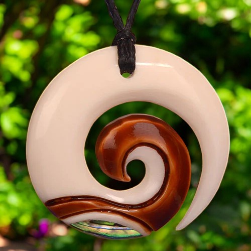 Bone Koru Stained Pendant with Pāua