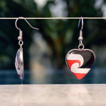 Māori Flag Resin Heart Drop Earrings