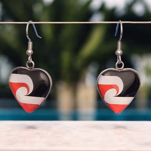 Māori Flag Resin Heart Drop Earrings