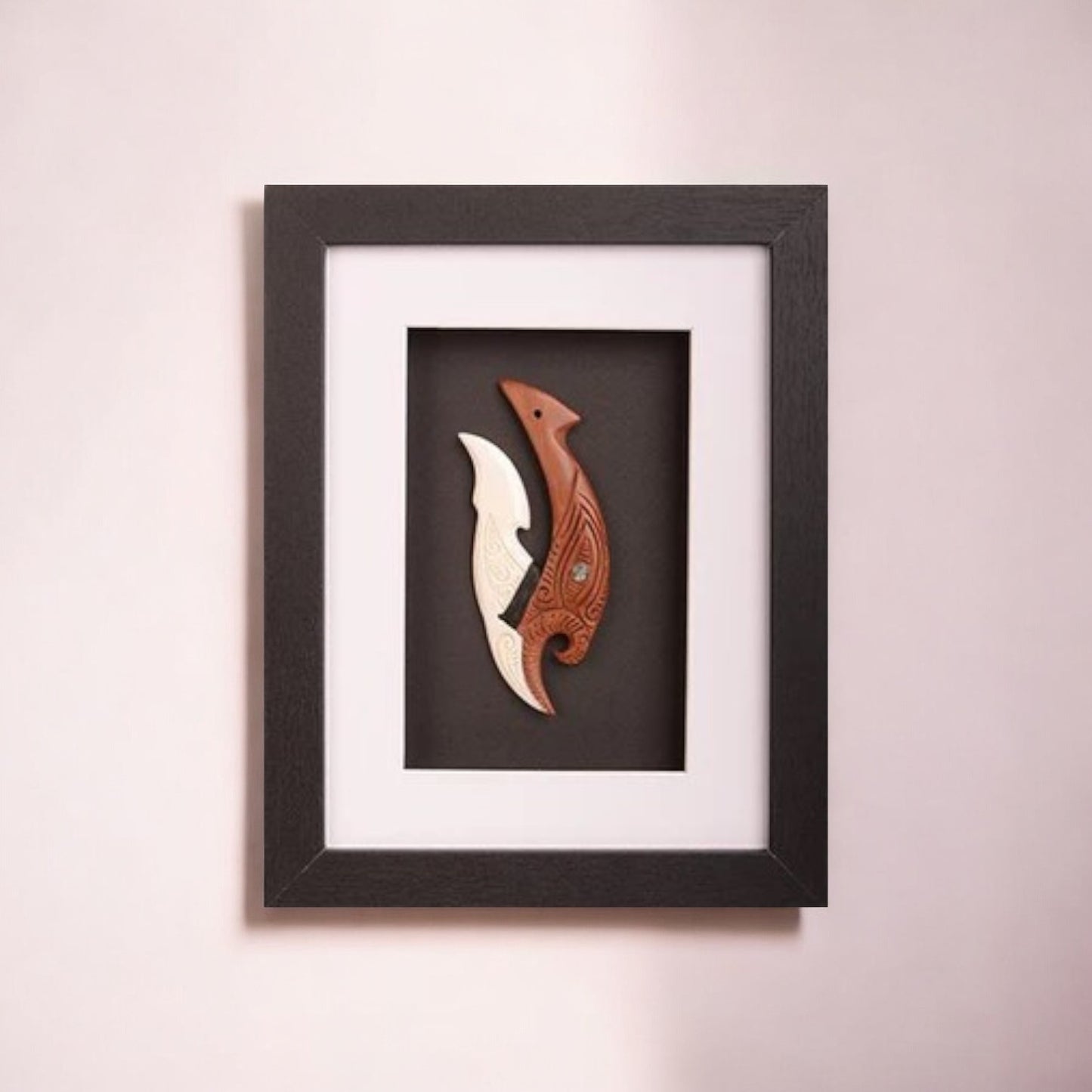 Hand Carved Wood and Bone Hook: Framed Edition